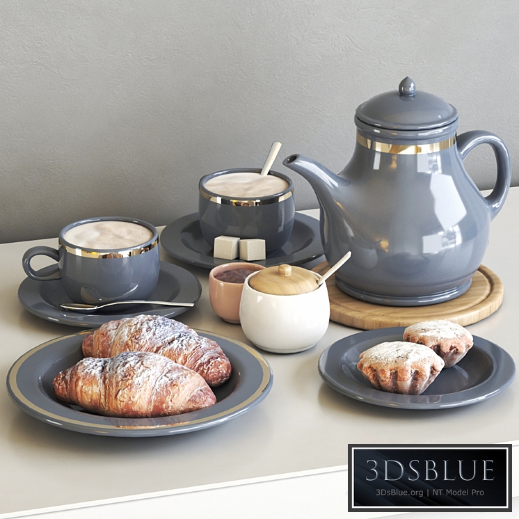 Tea set with croissant and muffin 3DS Max - thumbnail 3