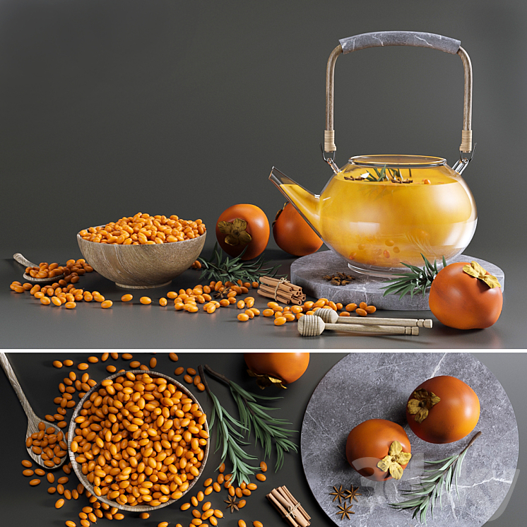 Tea Set with sea buckthorn and persimmon 3DS Max - thumbnail 1