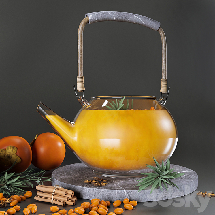 Tea Set with sea buckthorn and persimmon 3DS Max - thumbnail 2