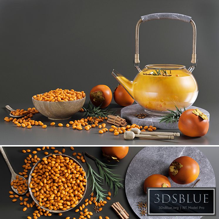 Tea Set with sea buckthorn and persimmon 3DS Max - thumbnail 3