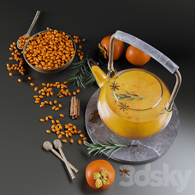 Tea Set with sea buckthorn and persimmon 3DSMax File - thumbnail 4