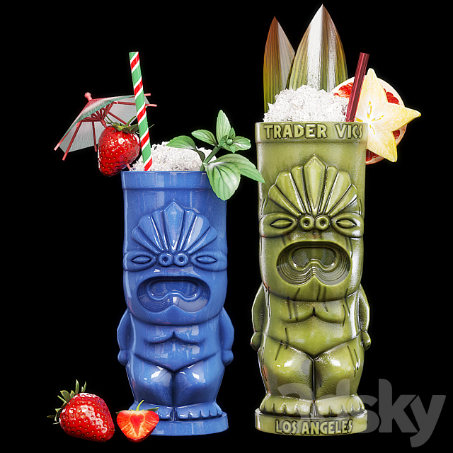 TIKI glasses with cocktails-2 3ds Max - thumbnail 1