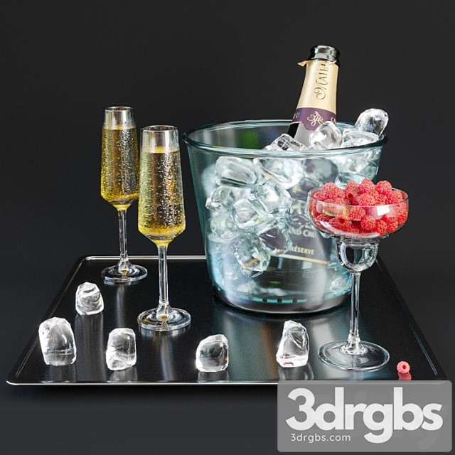 A bottle of champagne on a tray with ice and raspberries. - thumbnail 1