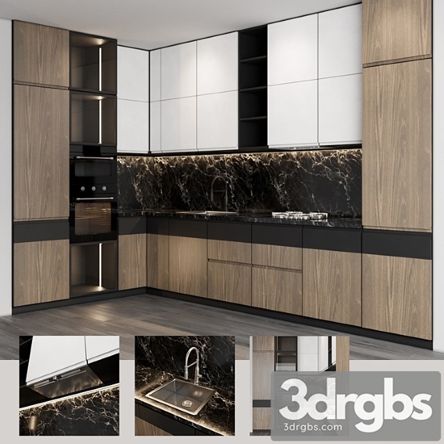 Modern kitchen with wood facades 3dsmax Download - thumbnail 1