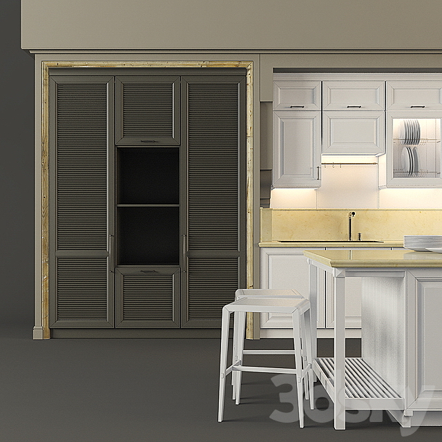 Kitchen classic furniture in a niche with island 3DSMax File - thumbnail 3