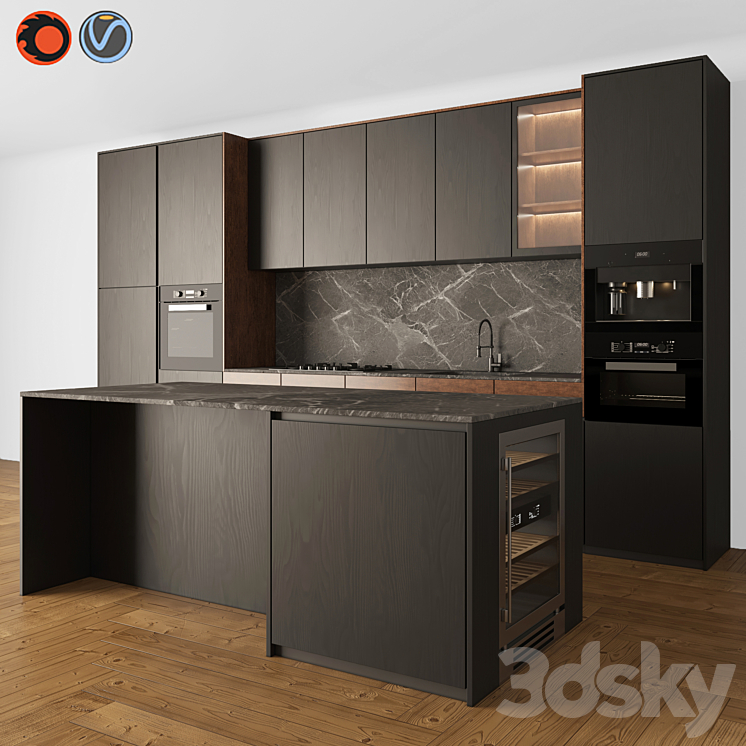 Kitchen Modern 05 Black & Wood 3DS Max Model - thumbnail 3