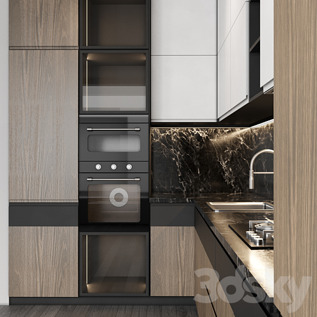 Modern kitchen with wood facades 3DS Max Model - thumbnail 3