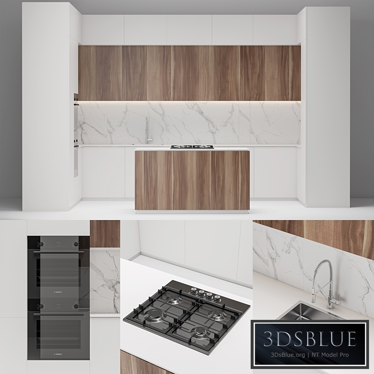 Modern white wood kitchen 3DS Max - thumbnail 3