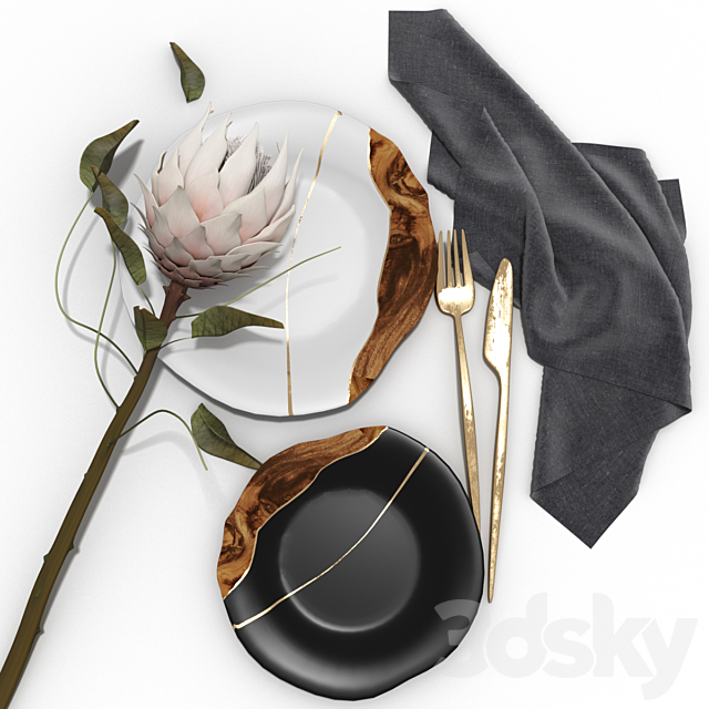 Decorative set of wabi-sabi plates and protea flower 3DSMax File - thumbnail 1