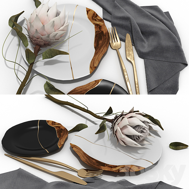 Decorative set of wabi-sabi plates and protea flower 3DSMax File - thumbnail 2