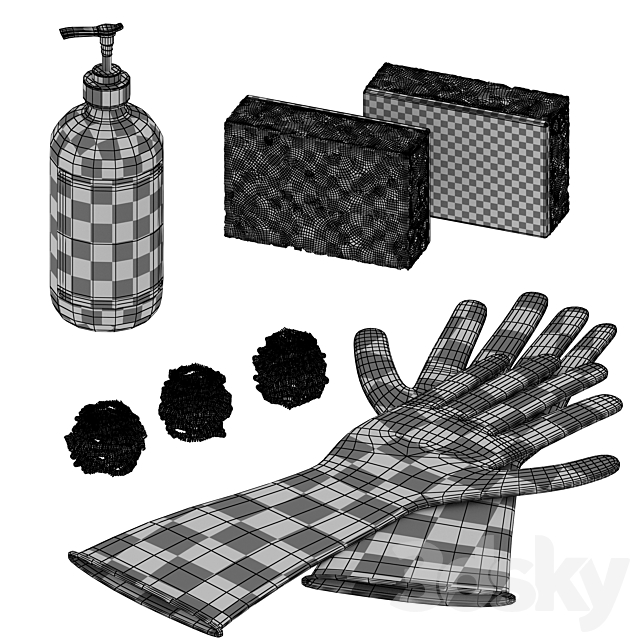 Dishwashing set Sponge Gloves 3DS Max Model - thumbnail 7