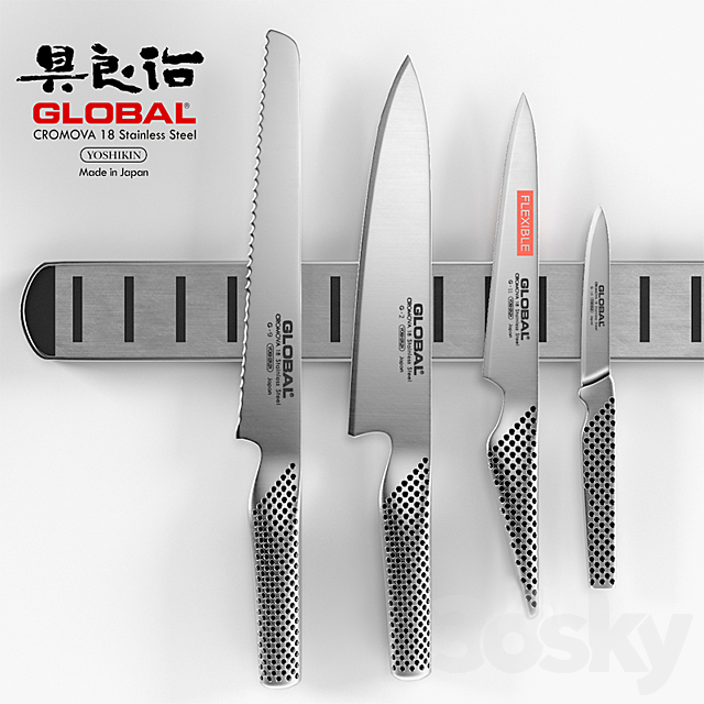 Global knife set + magnetic knife rack 3ds Max - thumbnail 1