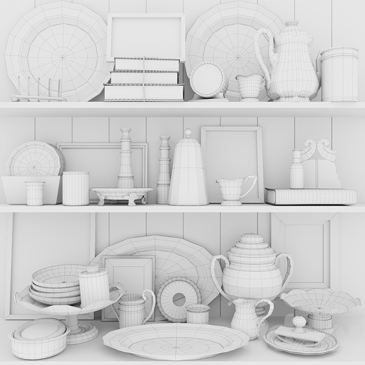 Shelf with antique decor books and crockery 3DS Max - thumbnail 2