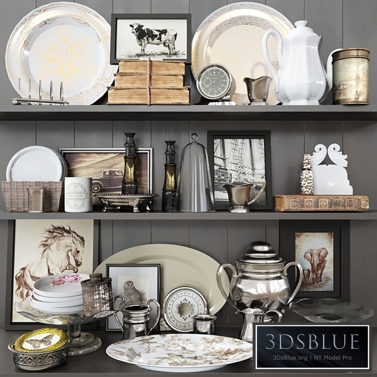 Shelf with antique decor books and crockery 3DS Max - thumbnail 3