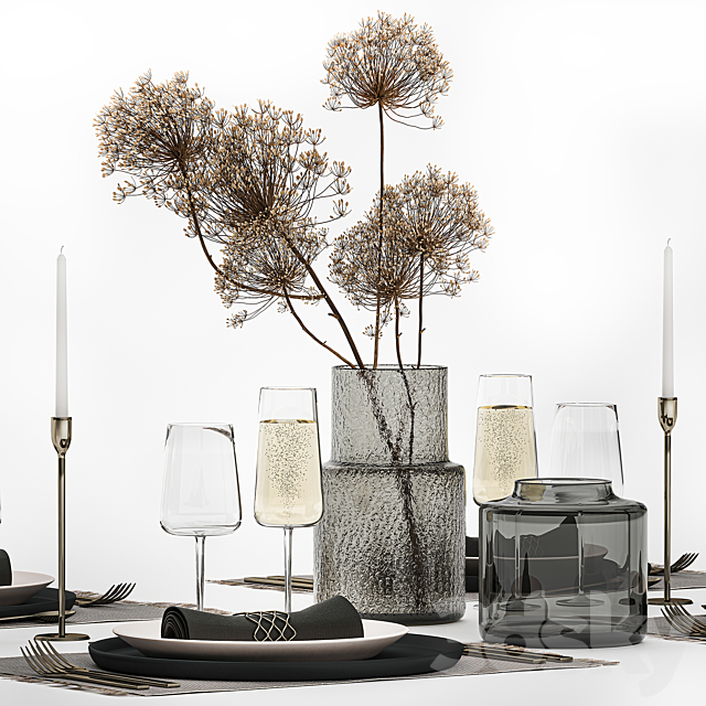 Table service 24. Dried flower bouquet hogweed branches cutlery glass sparkling wine luxury decor eco design vase 3ds Max - thumbnail 1