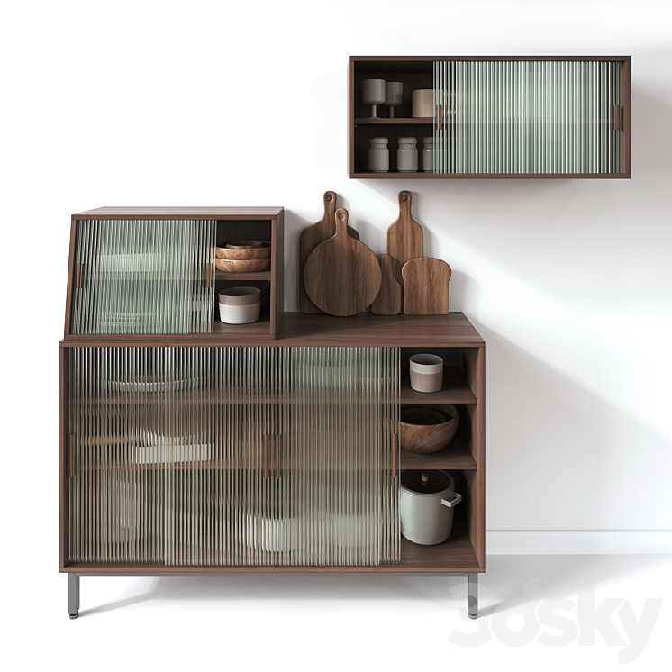 Wooden Glass Cabinets with Kitchen accessories 3DS Max Model - thumbnail 3