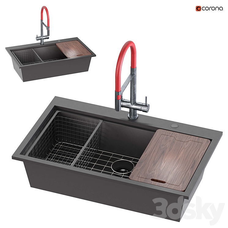 Doirteal 33 inch Drop in Black Farmhouse Sink 3DS Max Model - thumbnail 1