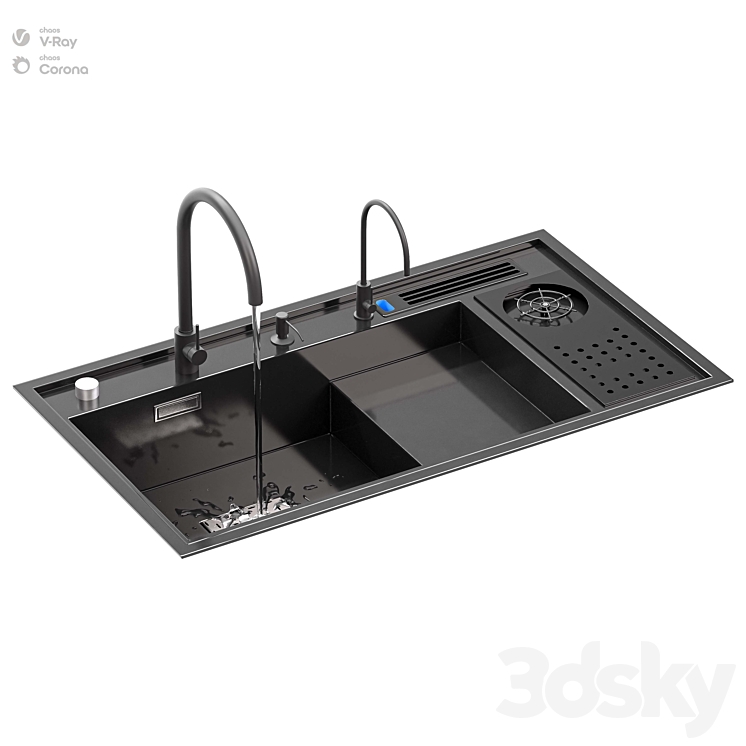 Kitchen Sink With High Pressure Cup Steel Black 3DS Max Model - thumbnail 3