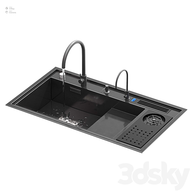 Kitchen Sink With High Pressure Cup Steel Black 3DSMax File - thumbnail 2