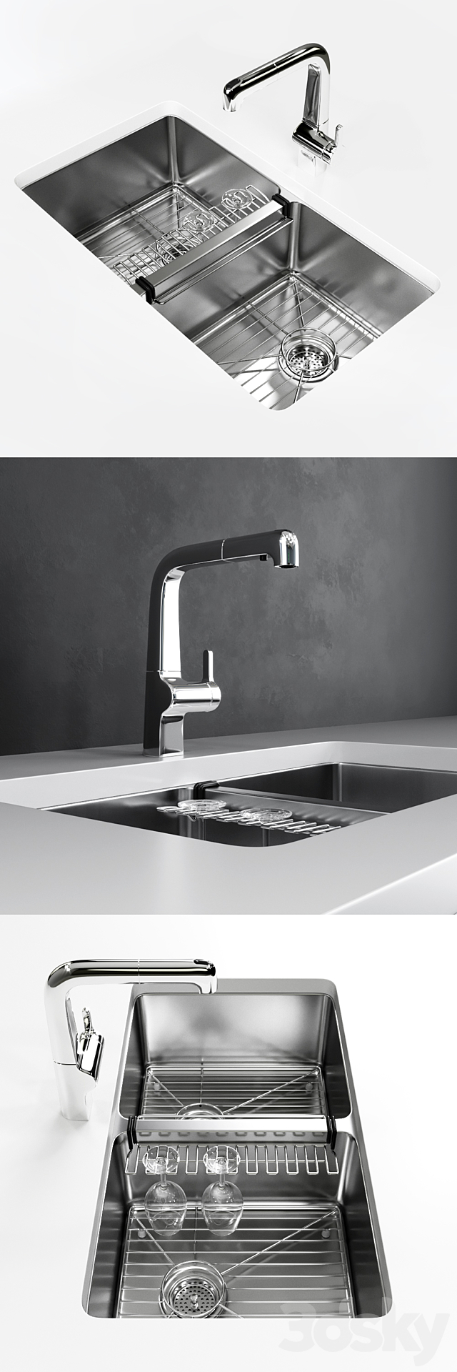 KOHLER “Strive” under-mount double-equal kitchen sink 3DS Max Model - thumbnail 2