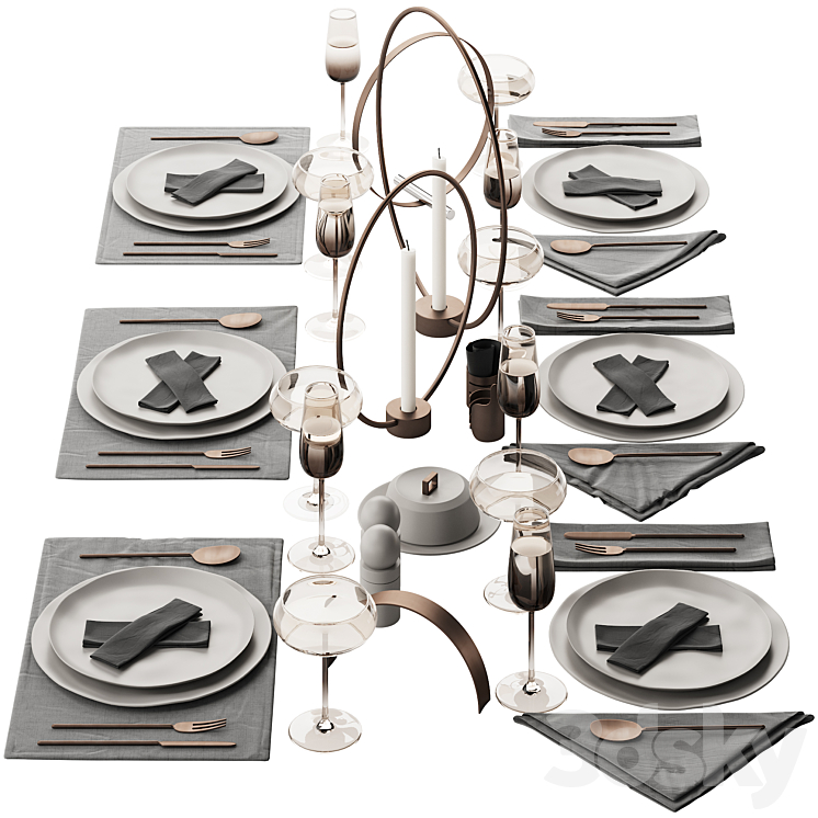 064 Tableware decor set 02 biege and bronze 00 3DS Max Model - thumbnail 1