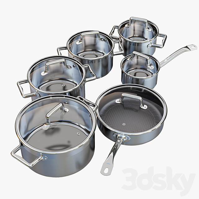 A set of stainless steel saucepans. Queen Ruby Company 3ds Max - thumbnail 1