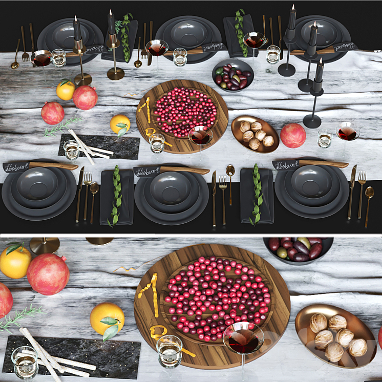 Beautiful table setting with black dishes with fruits nuts and candlesticks. Service 3DS Max - thumbnail 2