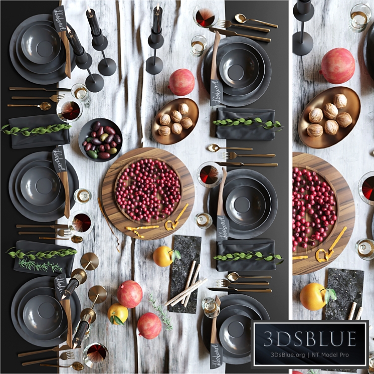 Beautiful table setting with black dishes with fruits nuts and candlesticks. Service 3DS Max - thumbnail 3