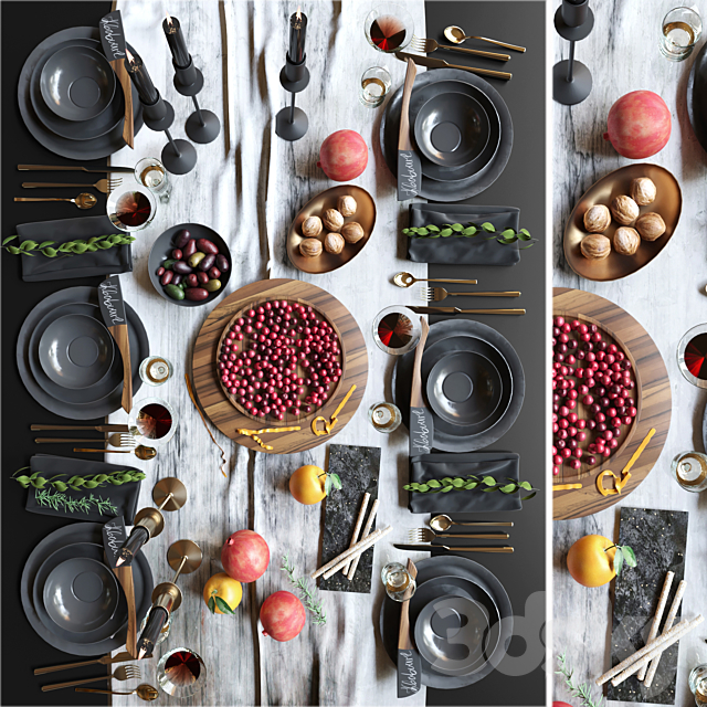 Beautiful table setting with black dishes with fruits. nuts and candlesticks. Service 3DSMax File - thumbnail 1