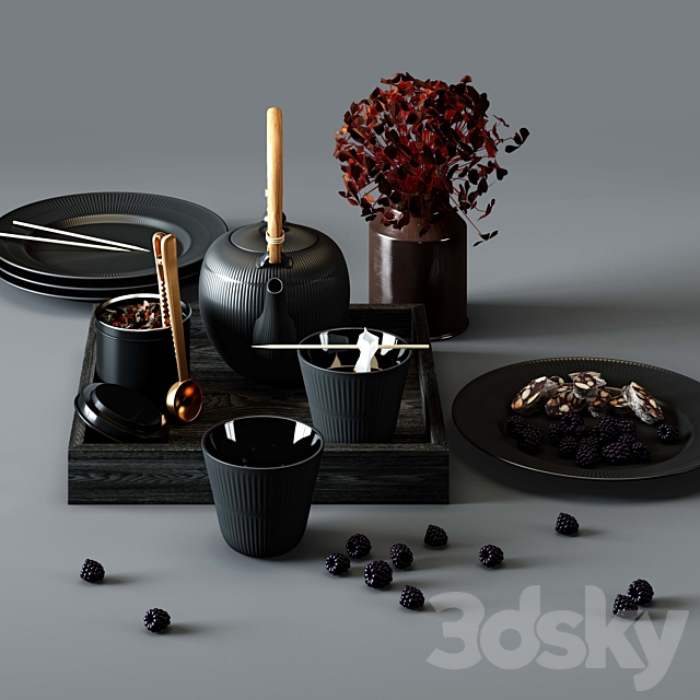 BLACK FLUTED set – thermal teapot. plates and cups 3DSMax File - thumbnail 1