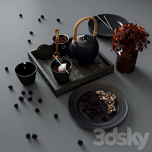 BLACK FLUTED set – thermal teapot. plates and cups 3DSMax File - thumbnail 2