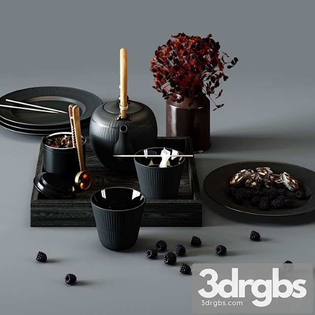 Black fluted set – thermal teapot, plates and cups - thumbnail 1