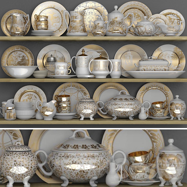 Classic crockery set with porcelain and gold leaf 3ds Max - thumbnail 1