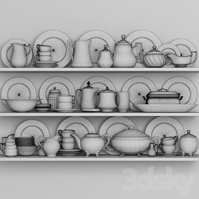 Classic crockery set with porcelain and gold leaf 3ds Max - thumbnail 2