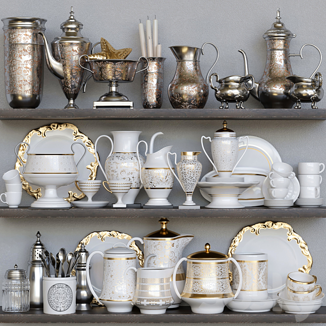 Classic crockery set with porcelain and gold leaf 3DSMax File - thumbnail 1