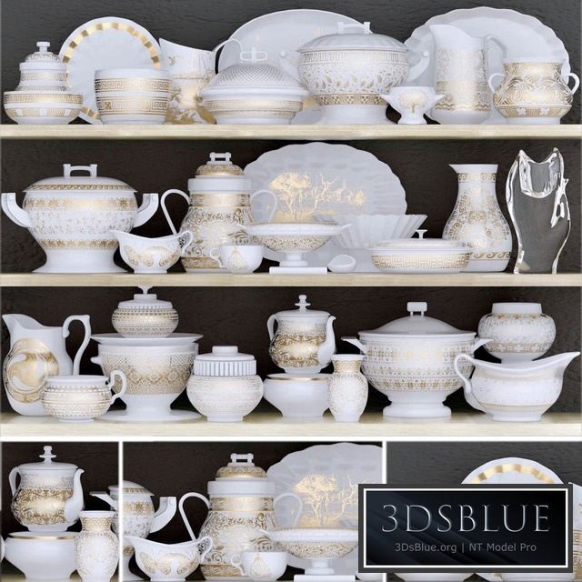 Classic dinnerware set with porcelain and gold leaf 5 3DS Max - thumbnail 3