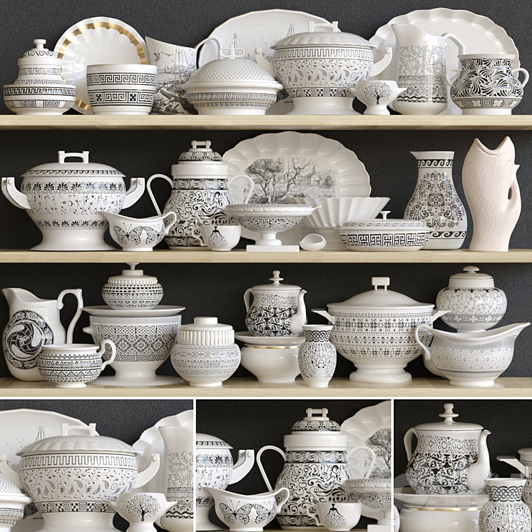 Classic set of dishes from porcelain. Service kitchen accessories 3DS Max - thumbnail 1