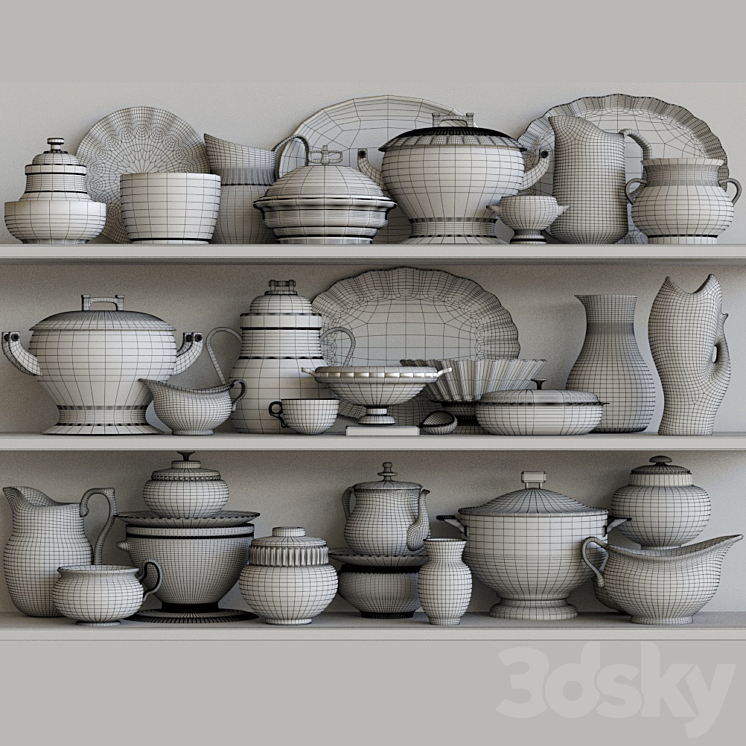 Classic set of dishes from porcelain. Service kitchen accessories 3DS Max - thumbnail 2