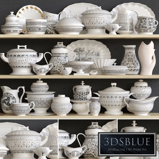 Classic set of dishes from porcelain. Service kitchen accessories 3DS Max - thumbnail 3