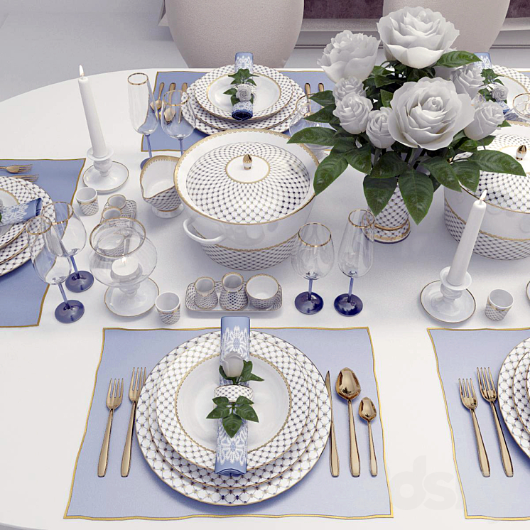 Classic table setting with roses 3DS Max - thumbnail 1