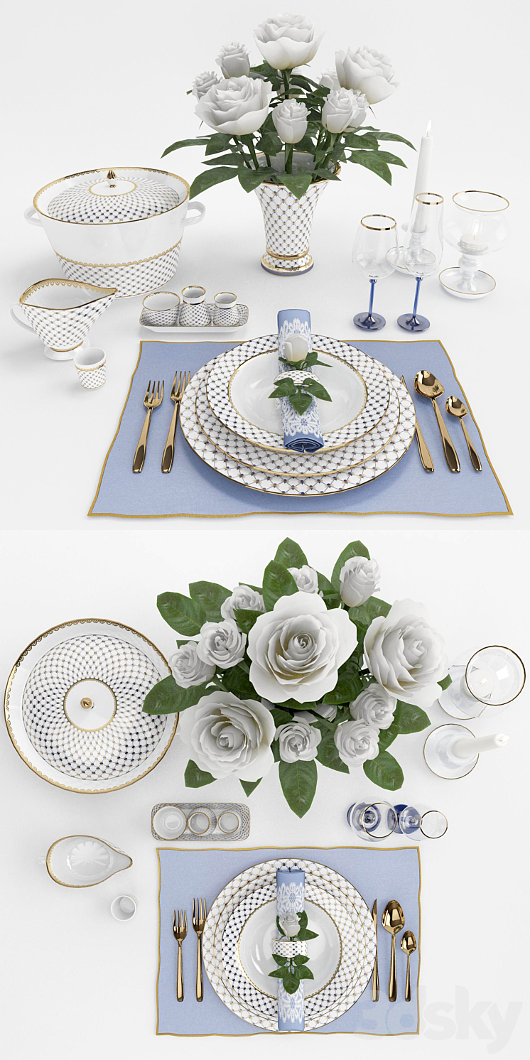 Classic table setting with roses 3DS Max - thumbnail 2