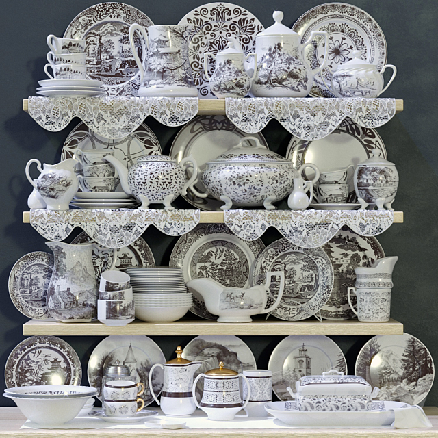 Collection of classic patterned porcelain tableware 3ds Max - thumbnail 1