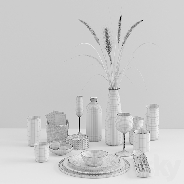 Hygge tableware with dried grass 3DSMax File - thumbnail 3