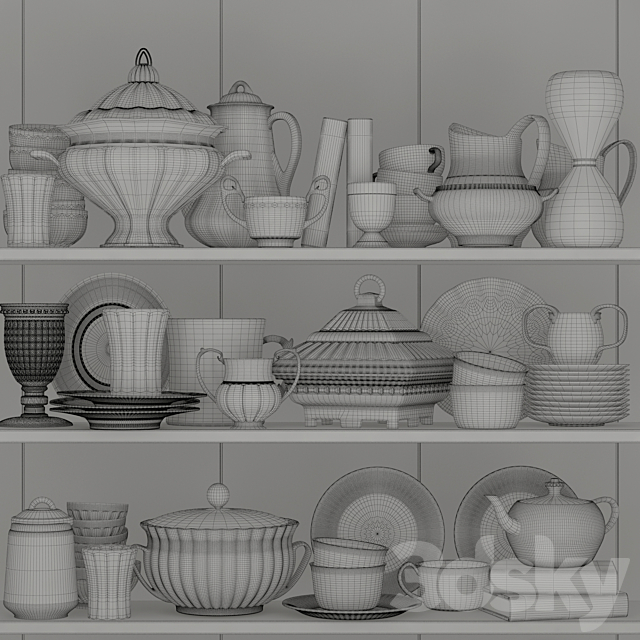 Set of dishes for the kitchen with porcelain and gold 2 3DS Max Model - thumbnail 2