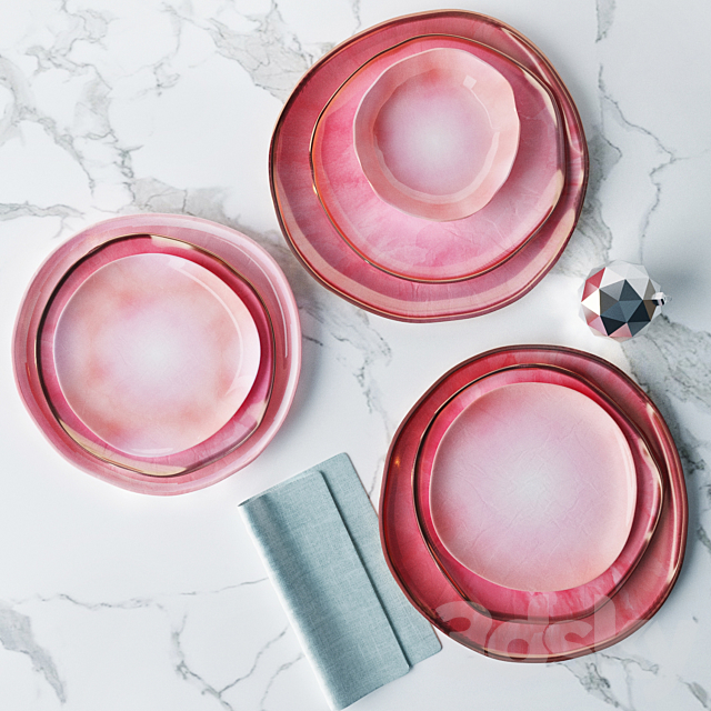 Set of plates in a pink glaze irregular shape 3DSMax File - thumbnail 1