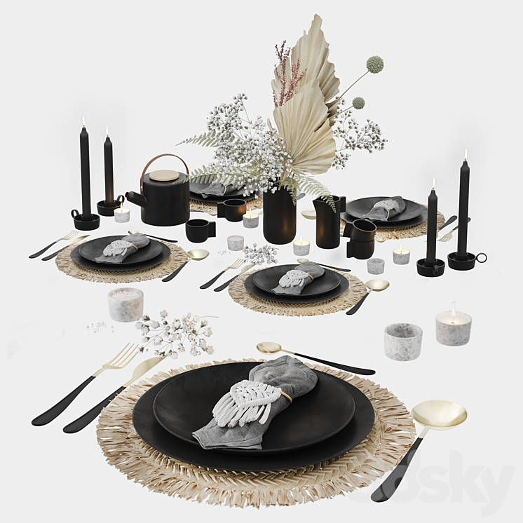 Table Set With Macrame and Dry Flowers 3DS Max Model - thumbnail 1