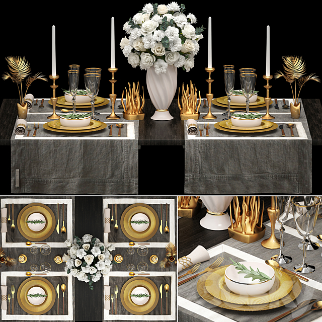 Table setting 2. ZARA HOME. white bouquet. gold decor. luxury. table decoration. cutlery. candles 3DSMax File - thumbnail 1