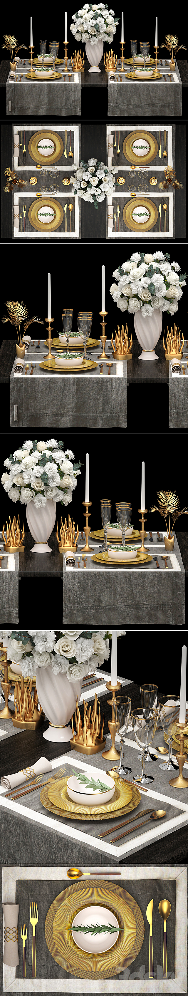 Table setting 2. ZARA HOME. white bouquet. gold decor. luxury. table decoration. cutlery. candles 3DSMax File - thumbnail 2