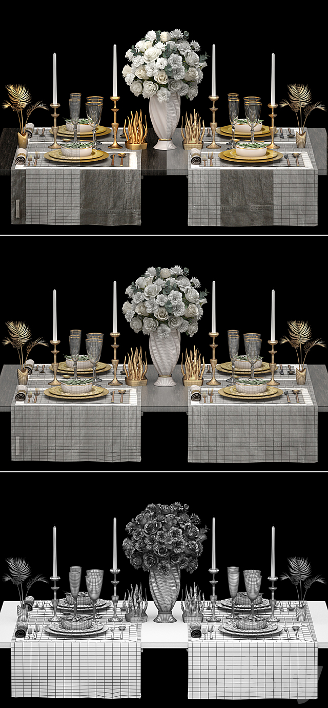 Table setting 2. ZARA HOME. white bouquet. gold decor. luxury. table decoration. cutlery. candles 3DSMax File - thumbnail 3