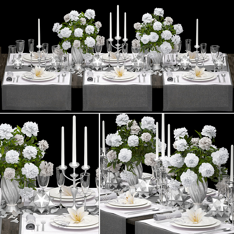 Table setting 4. ZARA HOME. White bouquet peonies tablecloth glass vase 6 persons luxury decor table decoration cutlery candles stylish festive solemn 3DS Max - thumbnail 1